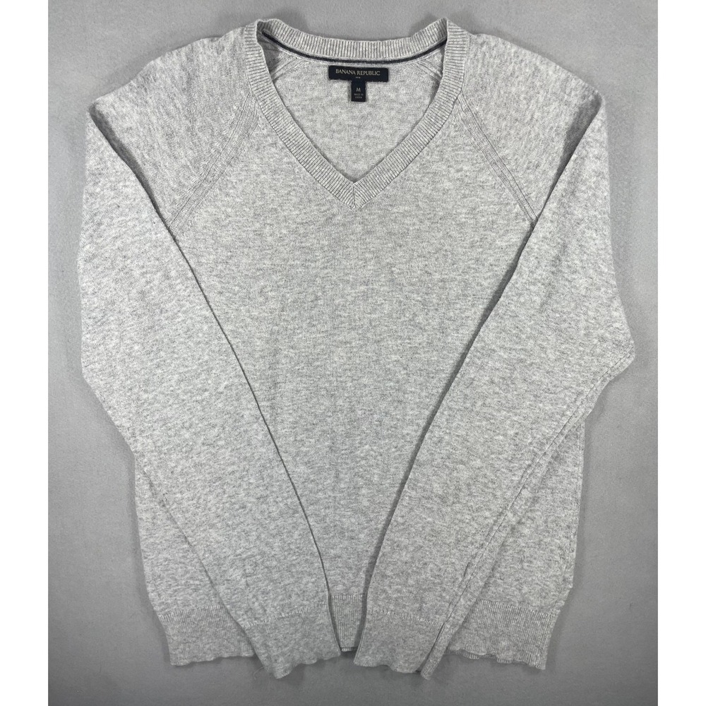 Banana Republic Mens Sweater V-Neck Light Gray Cotton Knit Size M